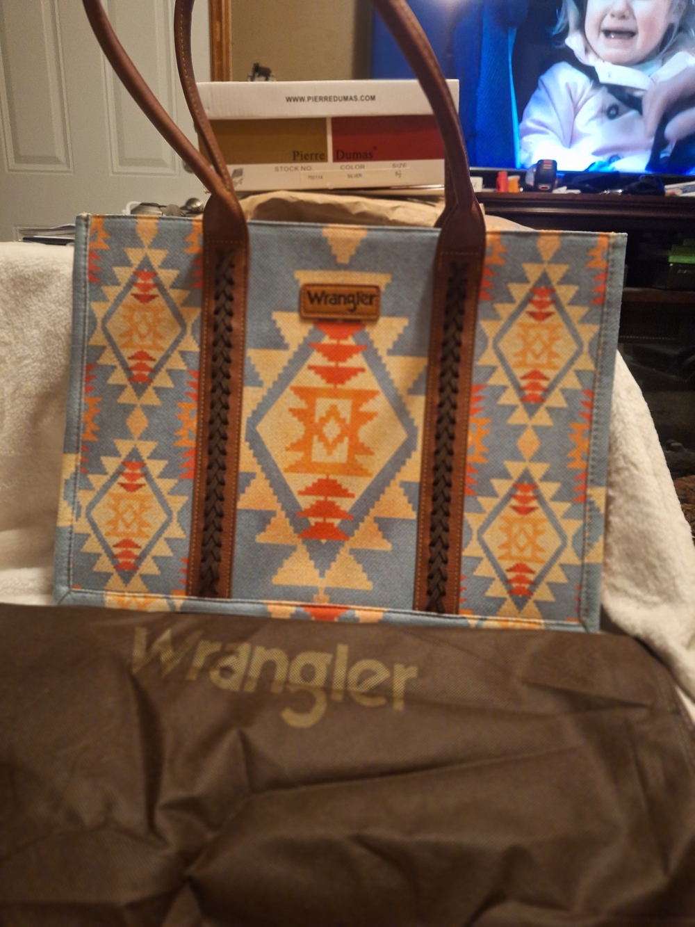 Wrangler Aztec Canvas Tote in Blue, Orange & Cream